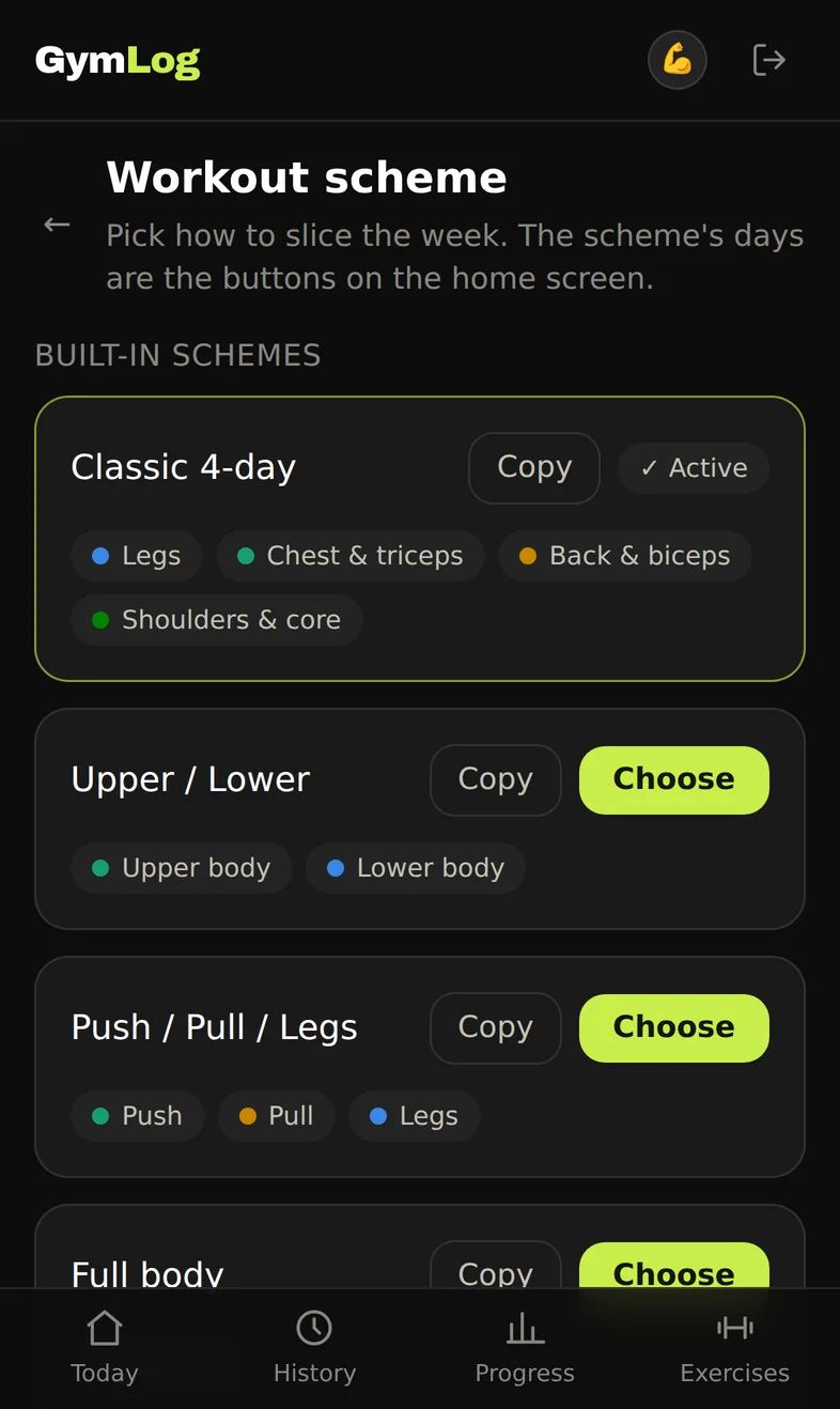 Workout scheme picker with built-in splits