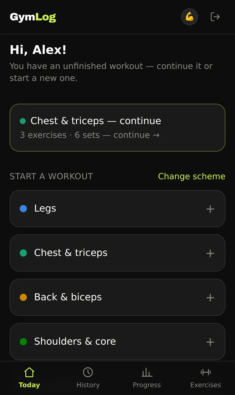 GymLog home screen: an unfinished workout and the days of the active split