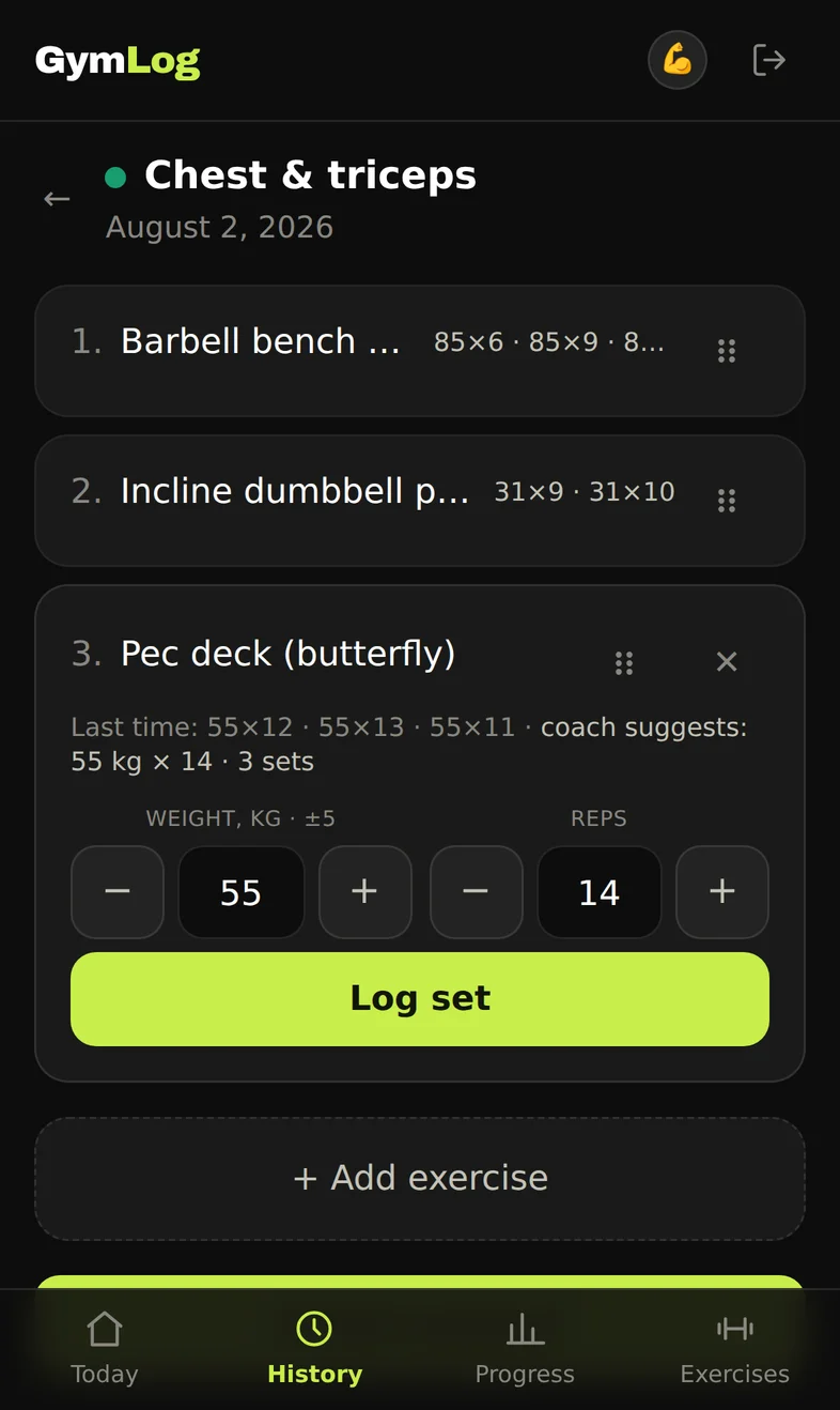 Logging a set: weight and rep steppers with a Log set button